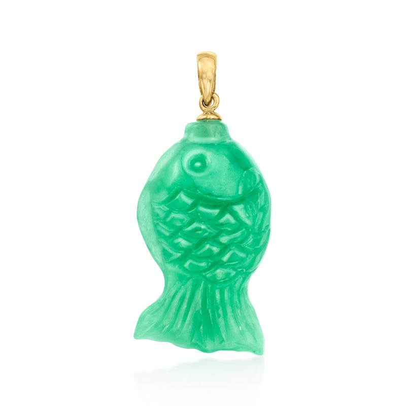 Carved jade fish pendant with 14kt yellow gold bail