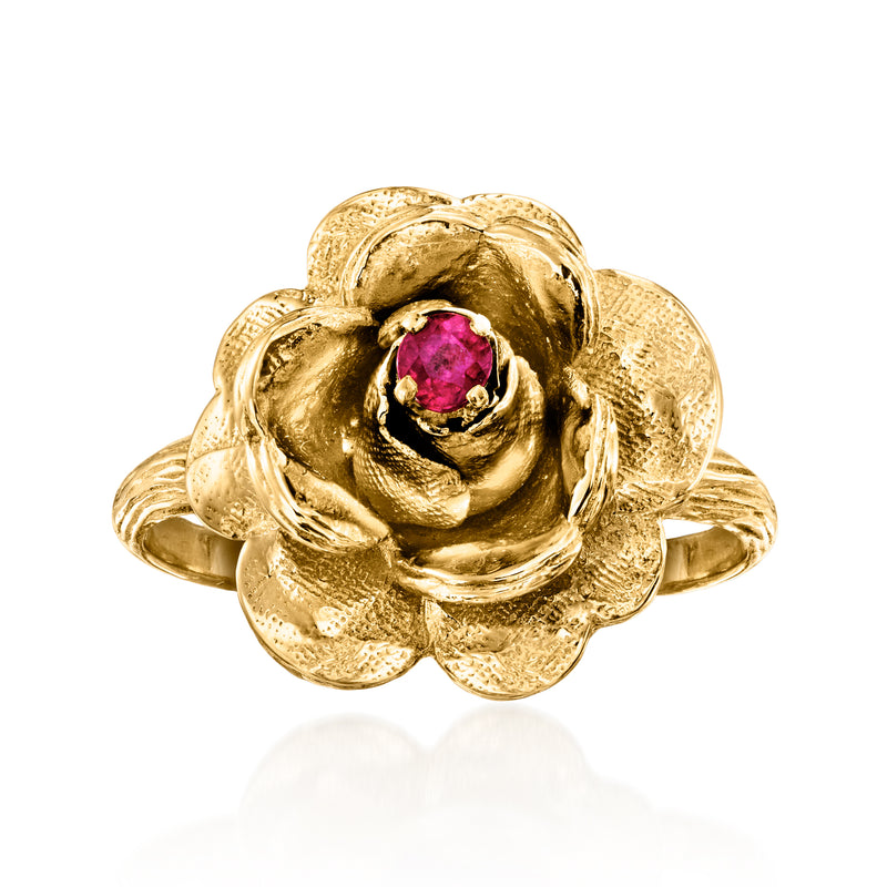 Vintage gold-tone rose ring with pink gemstone center