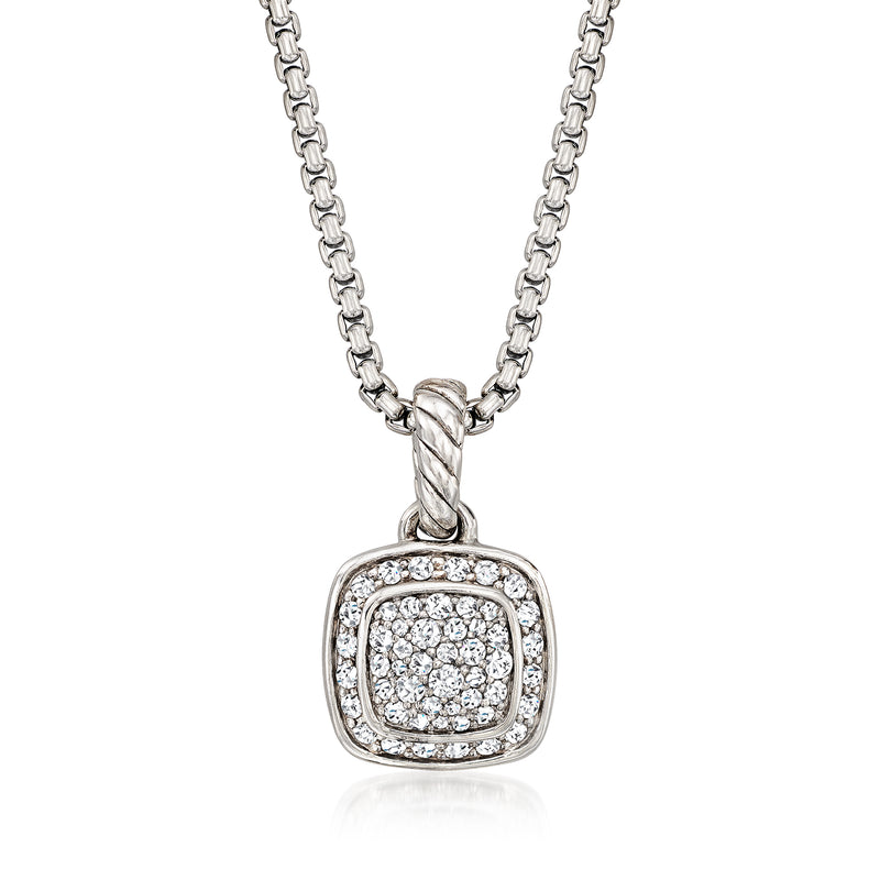 Sterling silver square diamond pendant necklace on link chain, glittering pave stones
