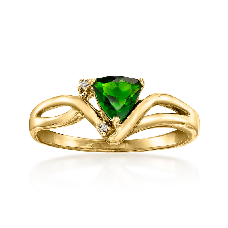 Vintage yellow-gold ring with prong-set green tourmaline and small diamond accents