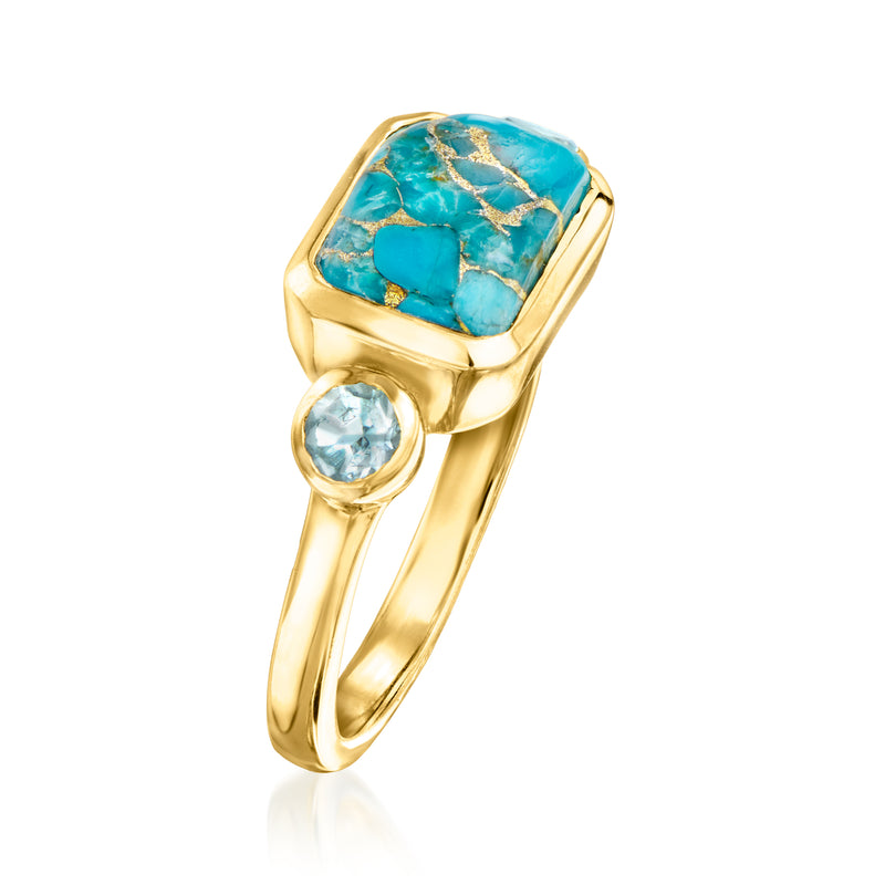 Gold-tone turquoise blue gemstone ring with round side stones in a curved band