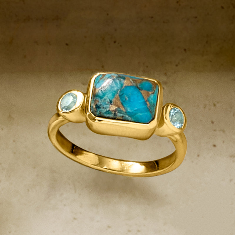 Gold-tone ring showing rectangular turquoise blue stone surrounded by small round blue stones