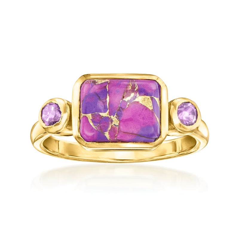 Gold-tone amethyst ring with rectangular center and two round side stones