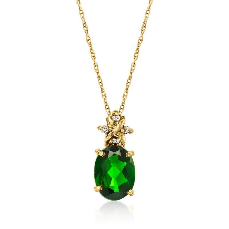 10kt yellow gold pendant necklace with oval green diopside and diamond cluster bail