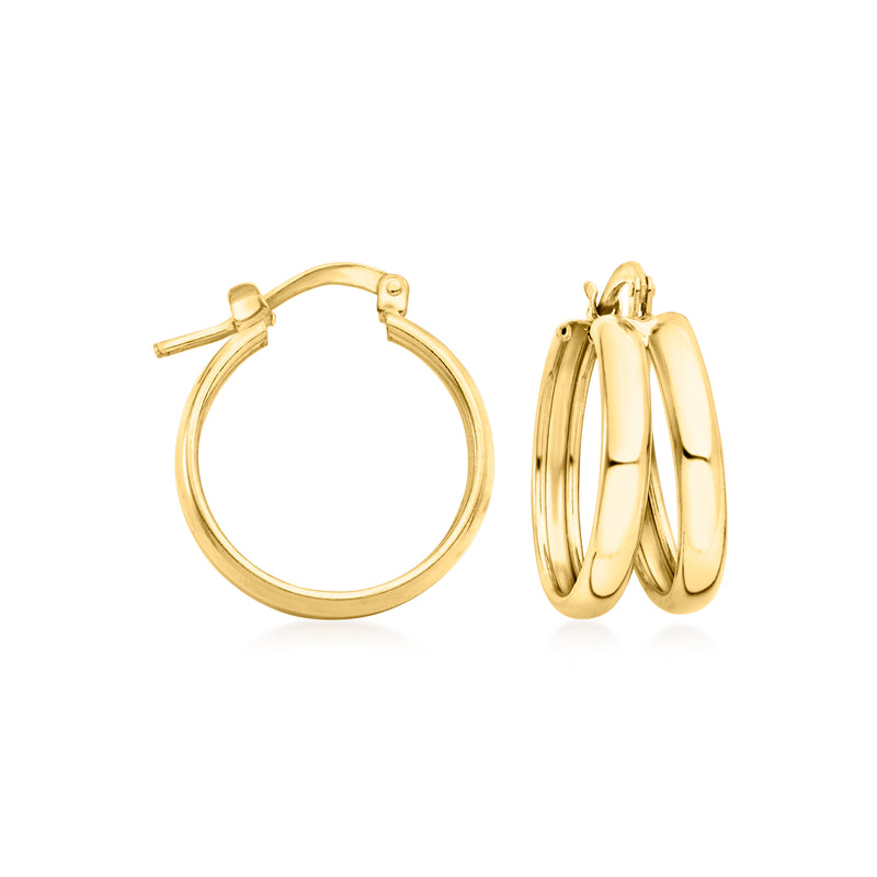 Gold double-hoop hoop earrings with hinged clasp, polished finish