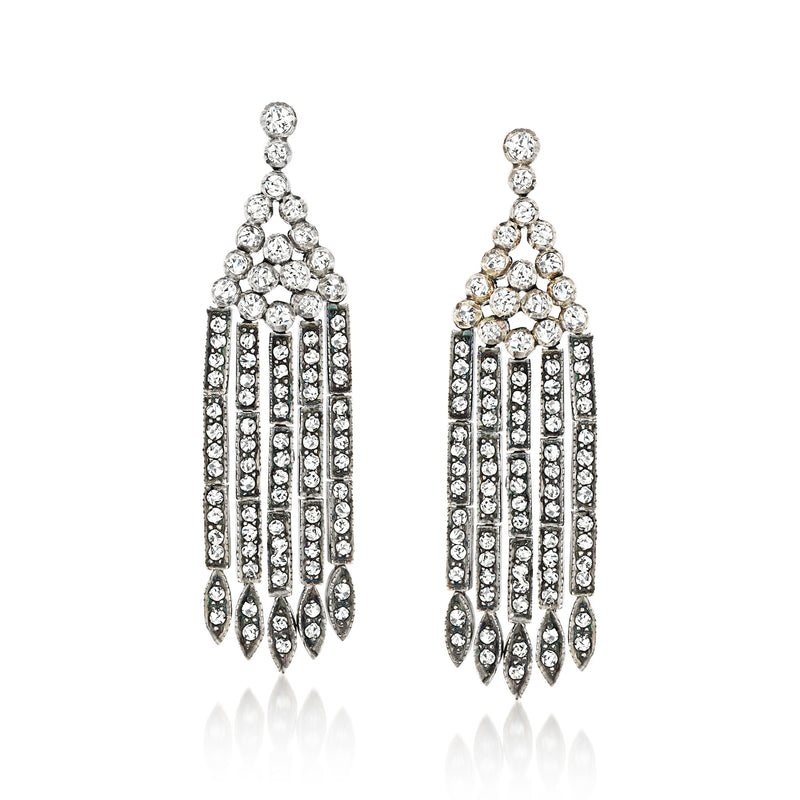Sterling silver chandelier post earrings with round diamonds and dangling vertical rows