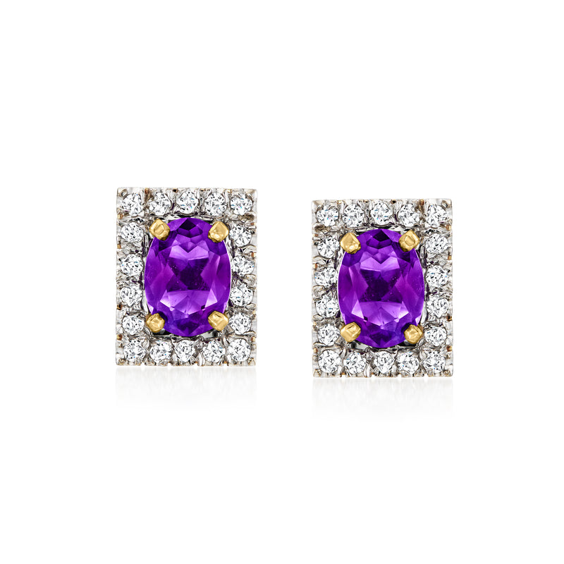 Amethyst and diamond stud earrings with oval purple gemstone and 14kt yellow gold posts