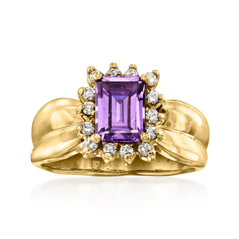 14kt yellow gold ring with rectangular purple simulated amethyst center and CZ halo