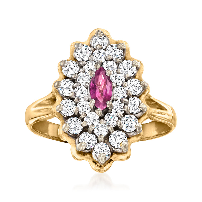 14kt yellow gold cluster ring with marquise pink ruby center and round diamonds