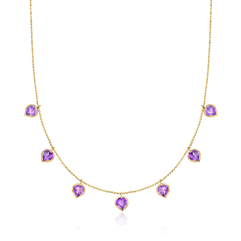14kt yellow gold necklace with purple amethyst heart drop station stones on chain