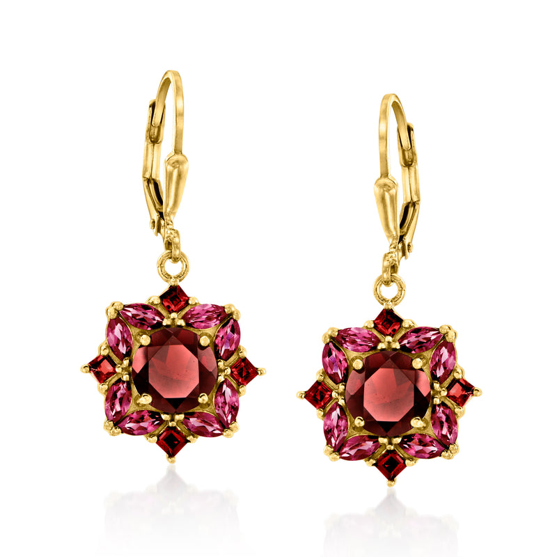 Gold leverback drop earrings with pink-red garnet cluster and dangling round gemstones