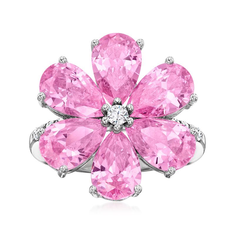 Sterling silver pink flower ring with oval simulated stones and round CZ center.