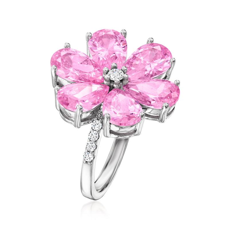 Sterling silver flower ring with five pink oval stones and round CZ cluster at center.