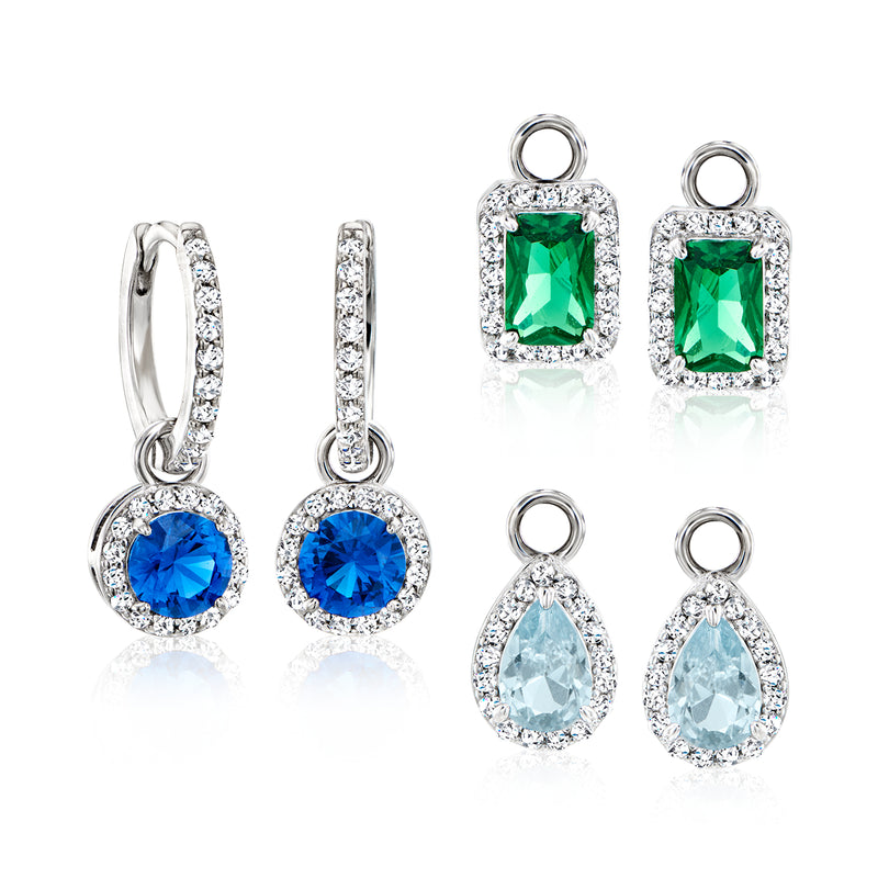 Sterling silver huggie hoop earring set with multi CZ drop charms, green blue pear and round