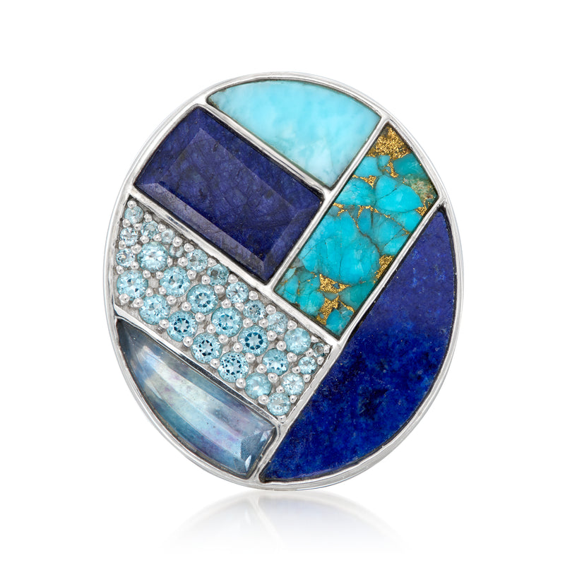 Sterling silver ring with round inlay of blue gemstones and topaz accents