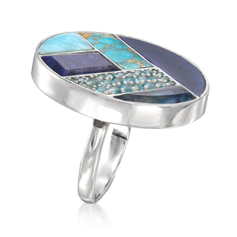 Sterling silver ring with blue gemstone inlay and mixed blue stones