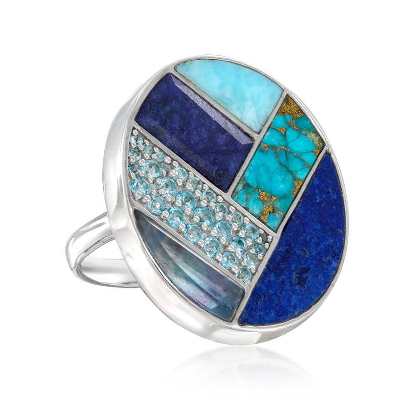 Sterling silver ring with oval blue multi-gemstone inlay and pavé accents