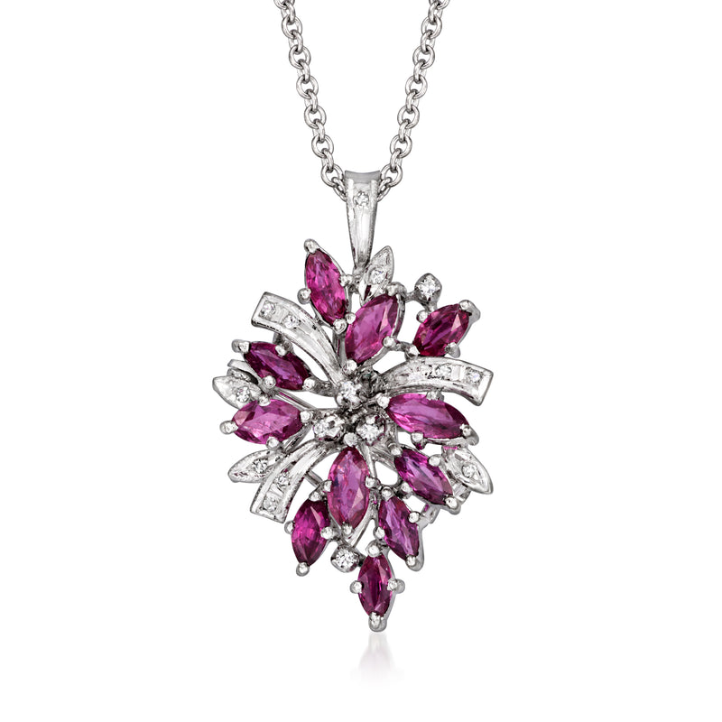 14kt white gold ruby and diamond cluster pendant necklace with marquise stones