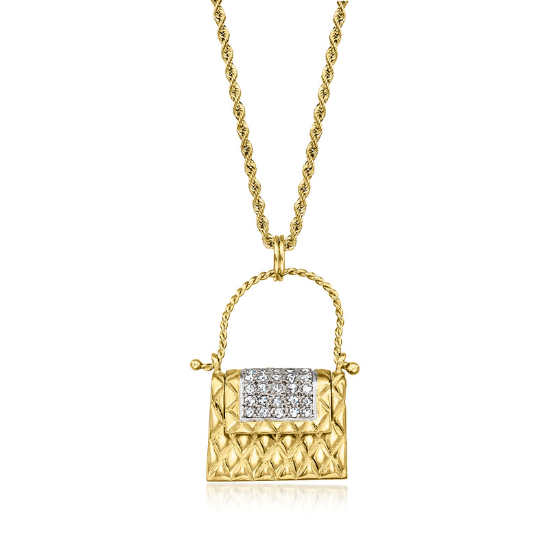 18kt yellow gold purse pendant necklace with diamond rectangular top and chain