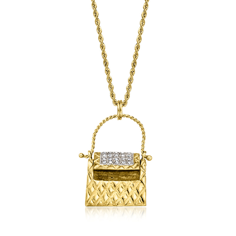 18kt yellow gold purse pendant necklace, textured diamond bar inset and bail