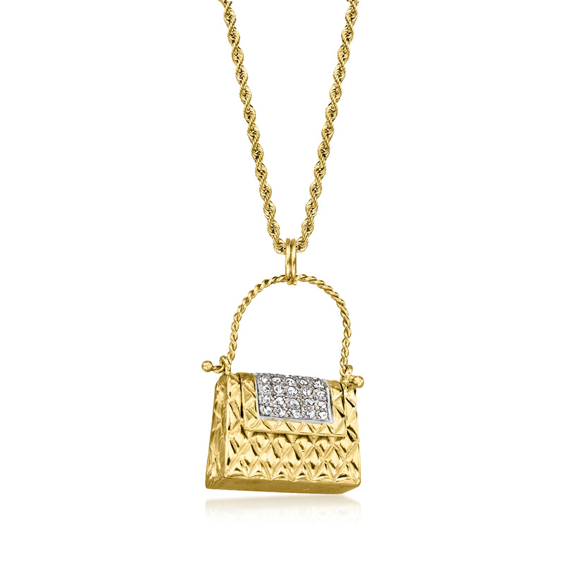 18kt yellow gold purse pendant necklace with diamond bezel and quilted front