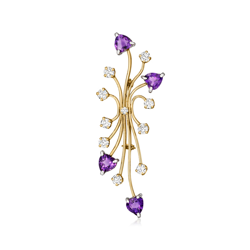 14kt yellow gold amethyst and diamond pin, floral spray with purple stones