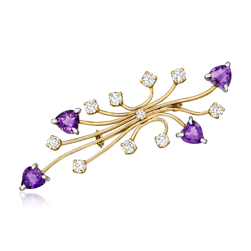 14kt yellow gold pin with purple amethyst stones and diamond accents, arched spray