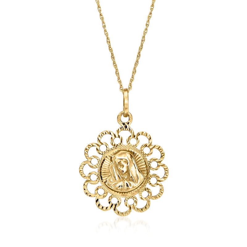 14kt yellow gold Mary pendant necklace with oval portrait in ornate flower frame