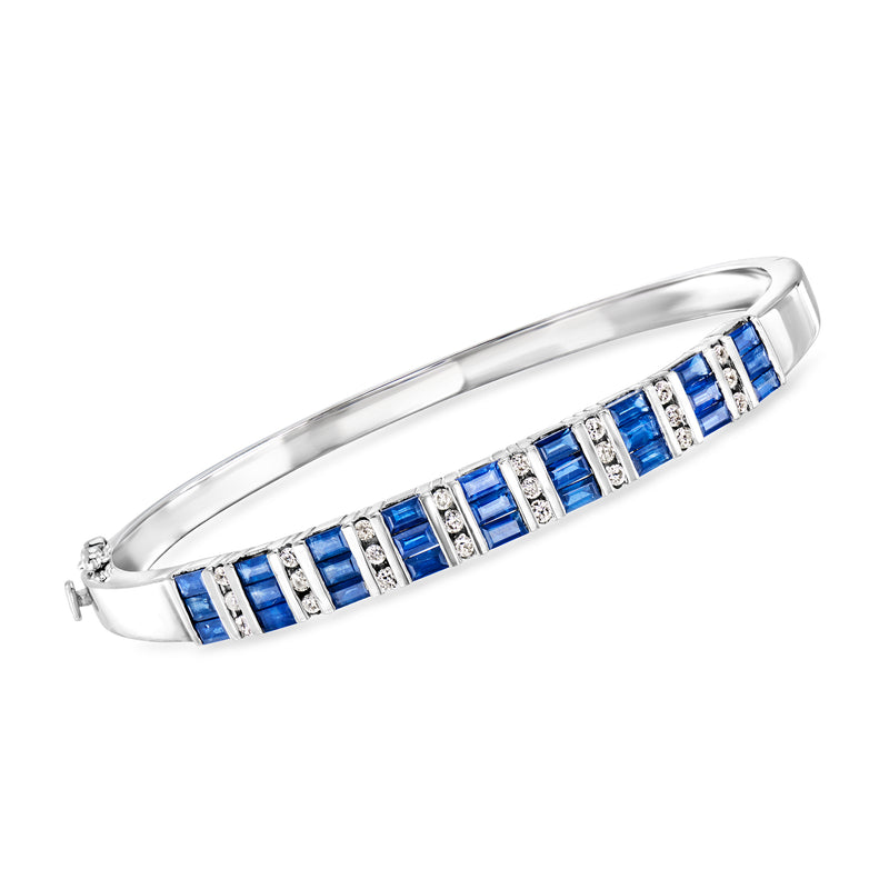 Vintage 10kt white gold bangle bracelet with blue sapphire and diamond square stations