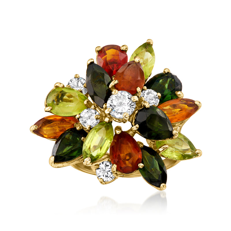 18kt yellow gold vintage cluster ring with multicolor oval gemstones and round diamond accents