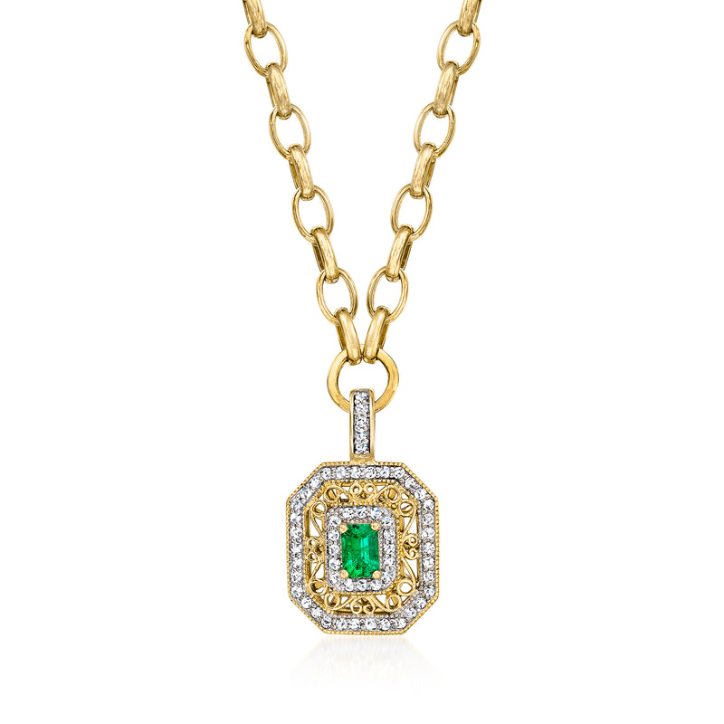 14kt yellow gold pendant necklace with emerald center in diamond halo