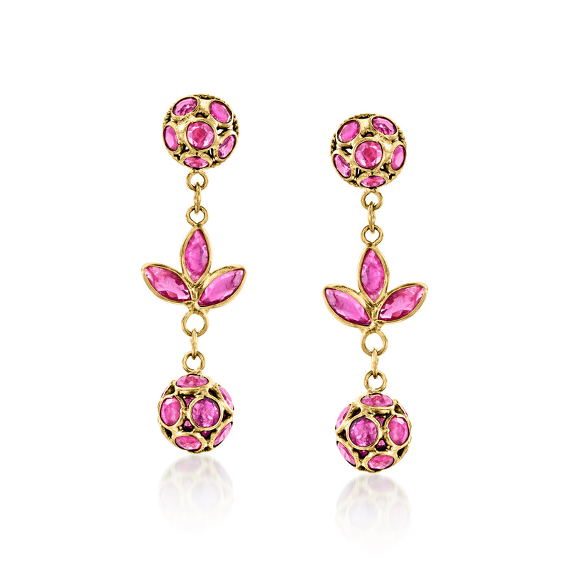 Vintage ruby drop earrings in 18kt yellow gold, pink faceted stones, floral dangle design
