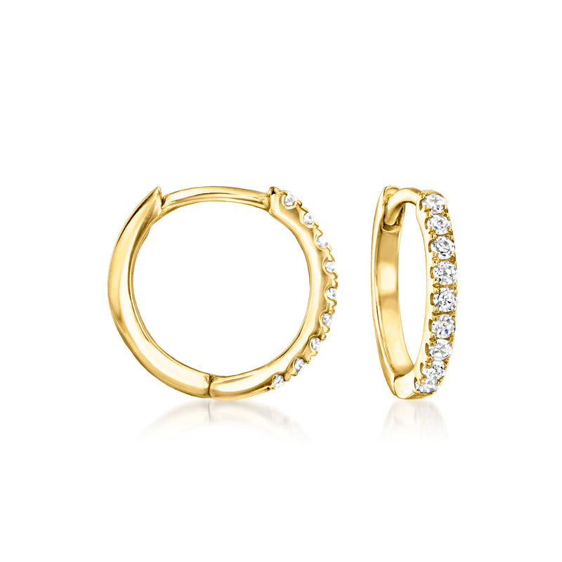 14kt yellow gold diamond huggie hoop earrings, row of small stones on outer edge