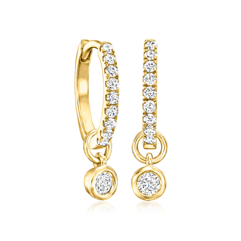 14kt yellow gold diamond huggie hoops with dangling round diamond charm