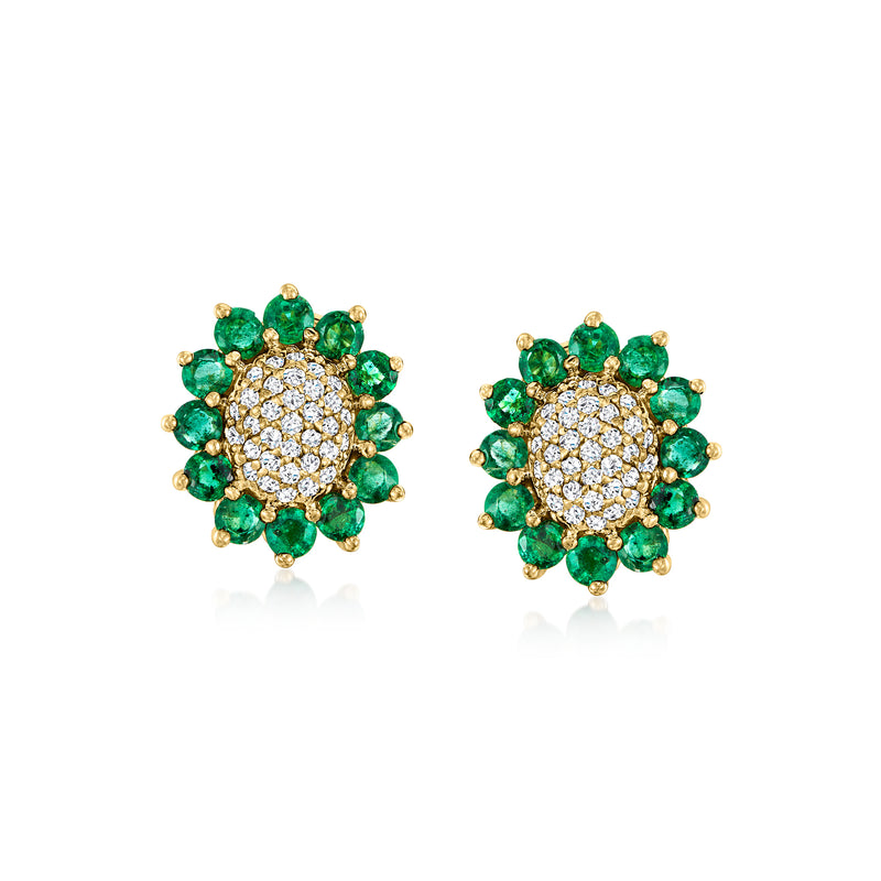 Yellow gold emerald and diamond cluster stud earrings with round halo design