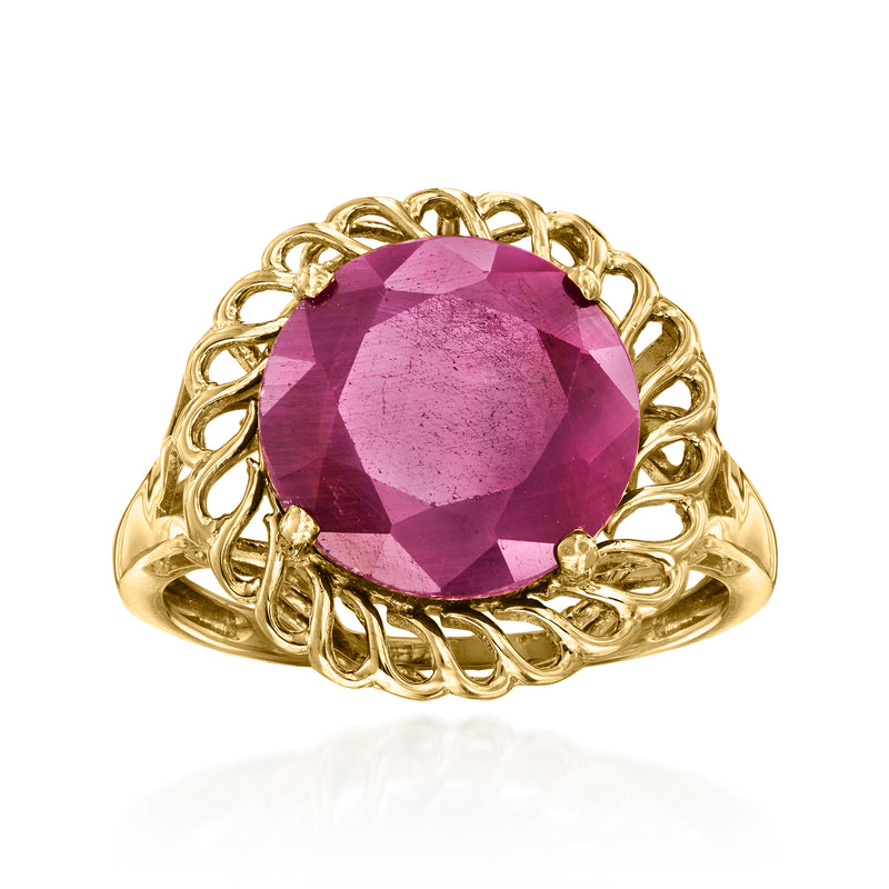 Vintage ruby gemstone ring in 10kt yellow gold, large faceted oval setting