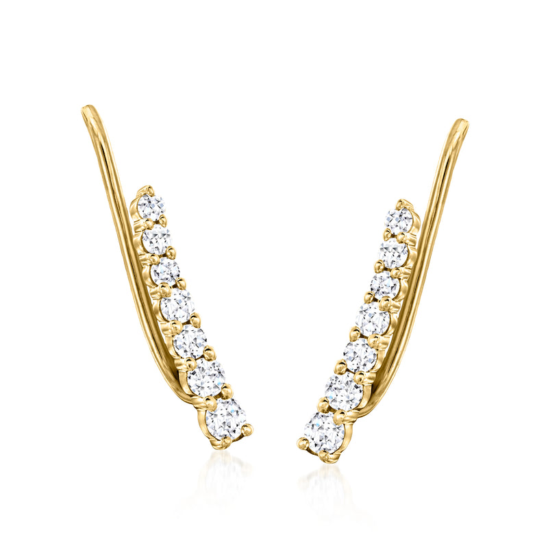 Yellow gold ear climber earrings with graduated round lab-grown diamonds on wire hooks