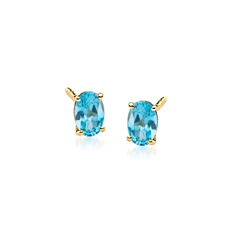 Oval London blue topaz stud earrings, 14kt yellow gold settings