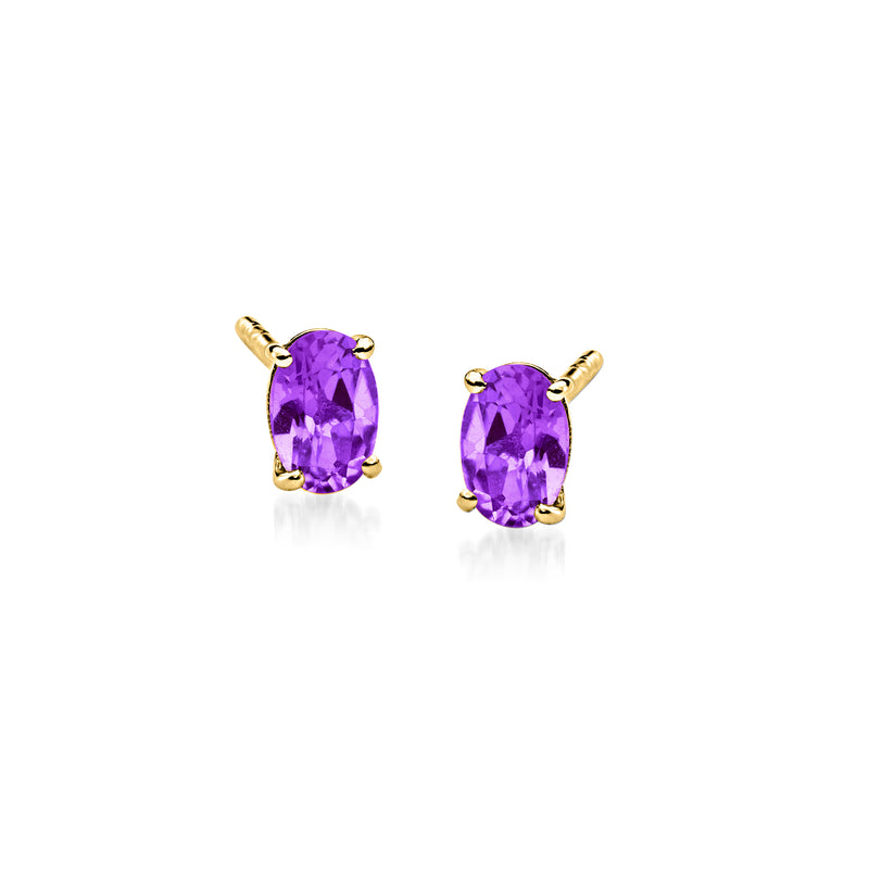 14kt yellow gold oval amethyst stud earrings with purple gemstone, four-prong setting.