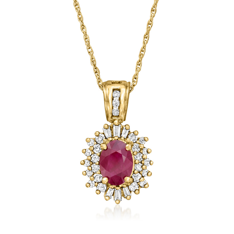 14kt yellow gold ruby and diamond pendant necklace with round ruby and diamond halo