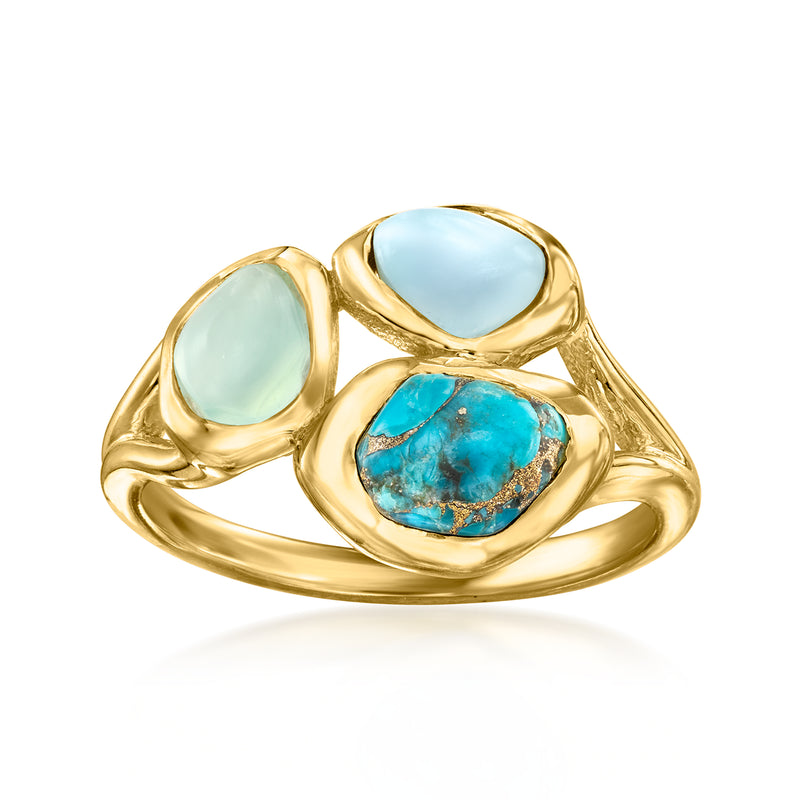 Gold over sterling ring with three oval light-blue and turquoise stones