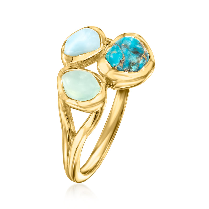 Gold over sterling three-stone ring with two light-blue and one turquoise oval gem