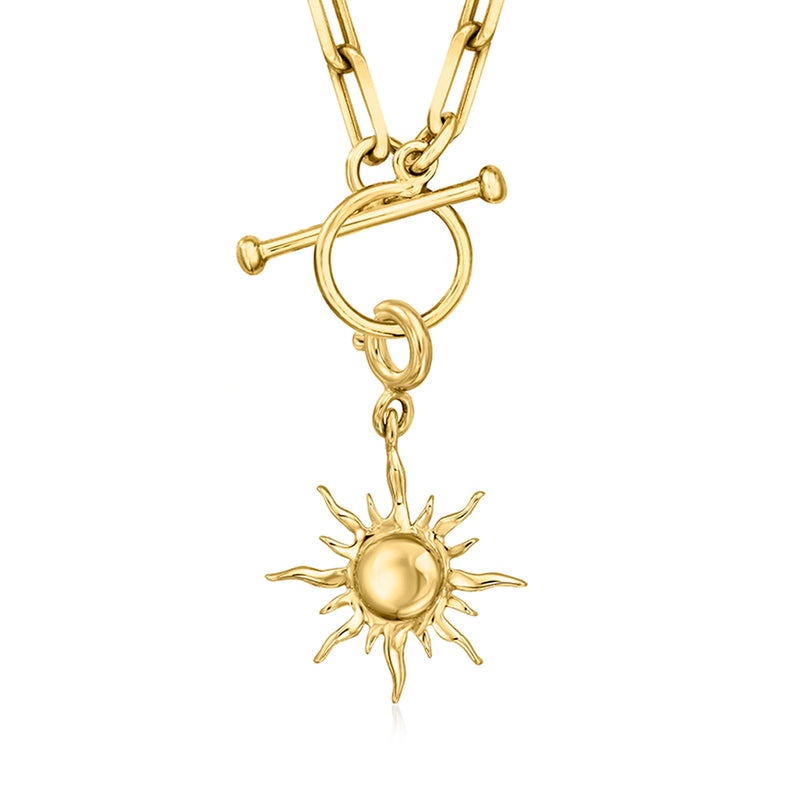 Gold sun charm pendant with looped clasp and textured radiant sun center