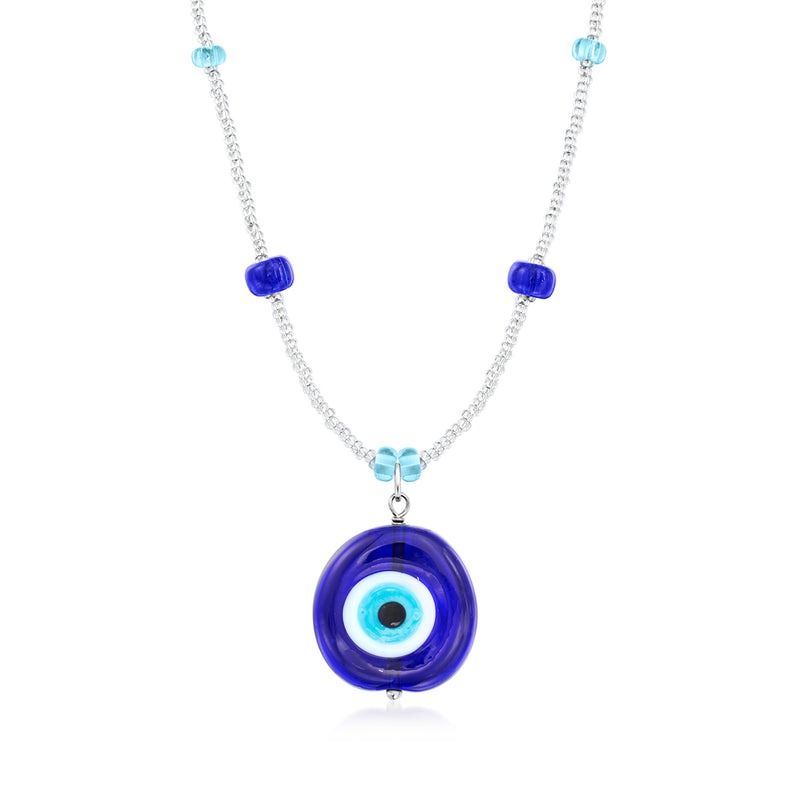 Sterling silver evil eye necklace with blue Murano glass round pendant and bead accents