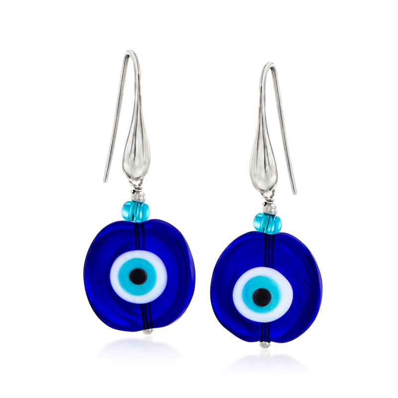 Blue Murano glass evil eye drop earrings with sterling silver earwires, turquoise bead