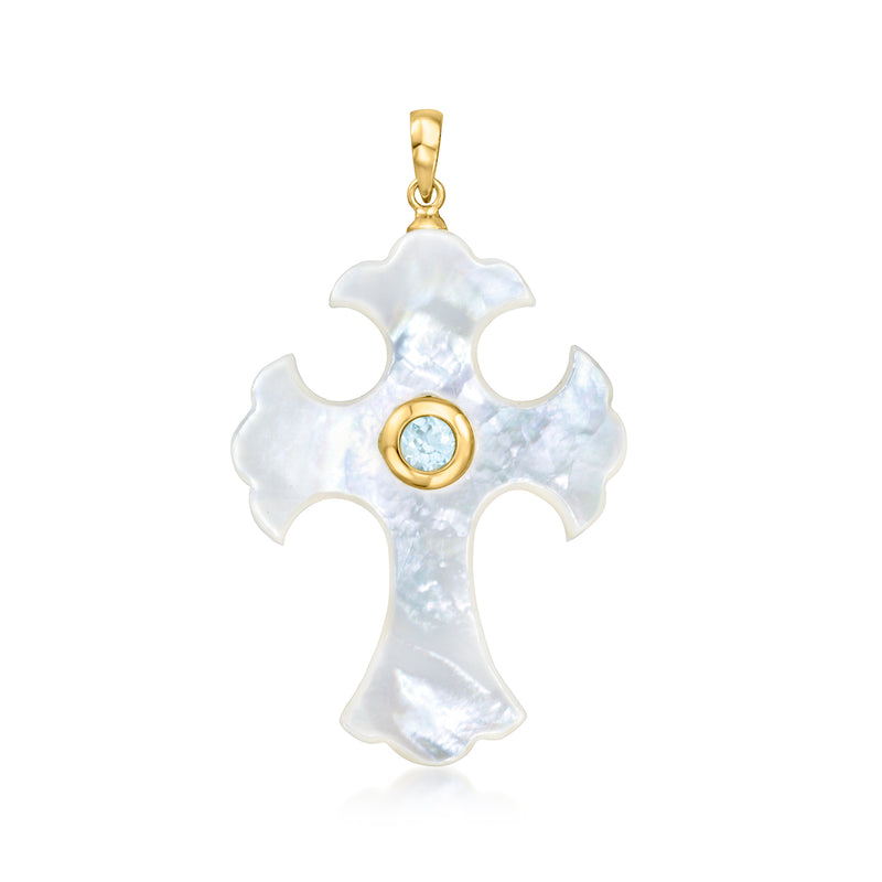 Mother-of-pearl cross pendant with round sky blue topaz in yellow gold bezel