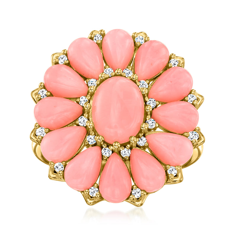 Gold floral ring with pink coral teardrop stones and small clear zircon accents