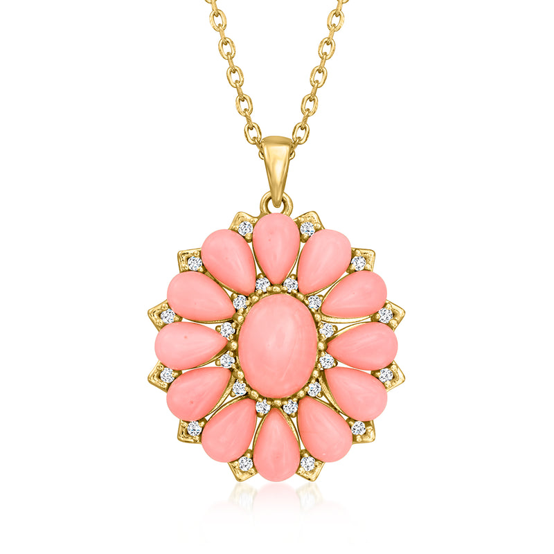 Gold pendant necklace with pink oval gemstone flower and small white zircon accents
