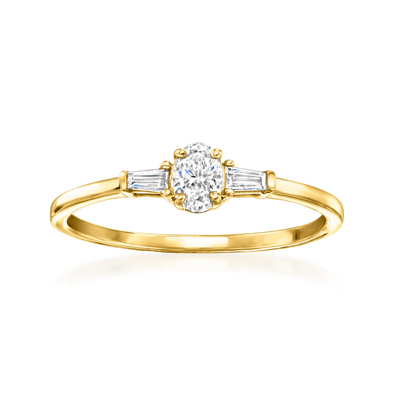 14kt yellow gold diamond ring with round center stone and baguette side stones