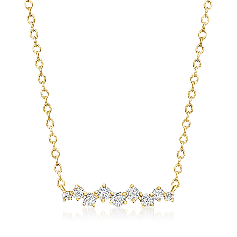 14kt yellow gold zigzag diamond necklace with small round-cut stones on a chain